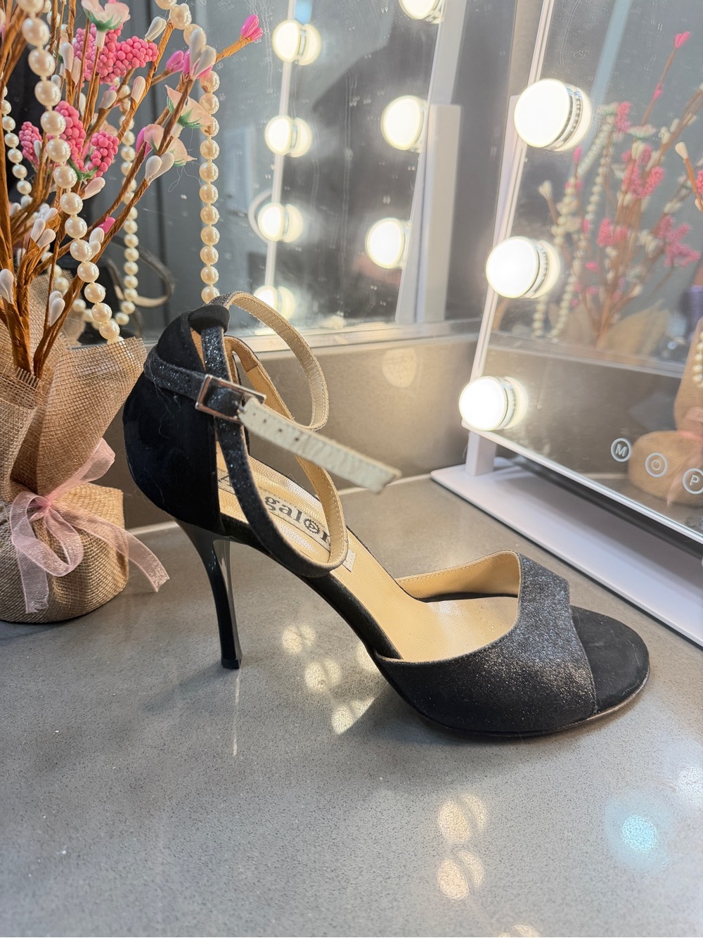 Black Glitter Leather/Suede Ankle-Strap Heels for Tango Dancing by Alagalomi